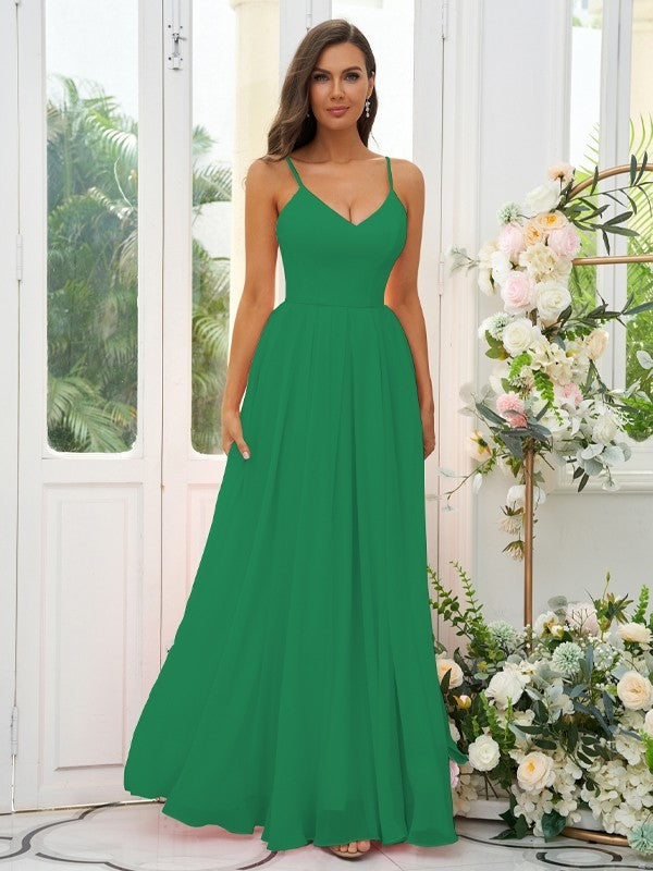 A-Line/Princess Chiffon Ruffles V-neck Sleeveless Floor-Length Bridesmaid Dresses Evening Dress