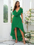 A-Line/Princess Chiffon Ruffles V-neck Short Sleeves Asymmetrical Bridesmaid Dresses Prom Dress