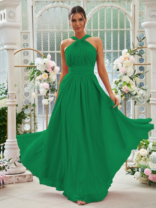A-Linie/Princess-Linie Chiffon Rüschen Neckholder Ärmellos Bodenlang Brautjungfernkleider Abendkleid