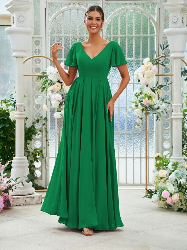 A-Line/Princess Chiffon Ruffles V-neck Short Sleeves Floor-Length Bridesmaid Dresses Evening Prom Dress