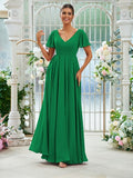 A-Line/Princess Chiffon Ruffles V-neck Short Sleeves Floor-Length Bridesmaid Dresses Evening Prom Dress