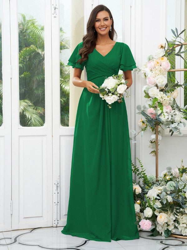 A-Line/Princess Chiffon Ruffles V-neck Short Sleeves Floor-Length Bridesmaid Dresses Evening Dress
