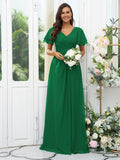 A-Line/Princess Chiffon Ruffles V-neck Short Sleeves Floor-Length Bridesmaid Dresses Evening Dress
