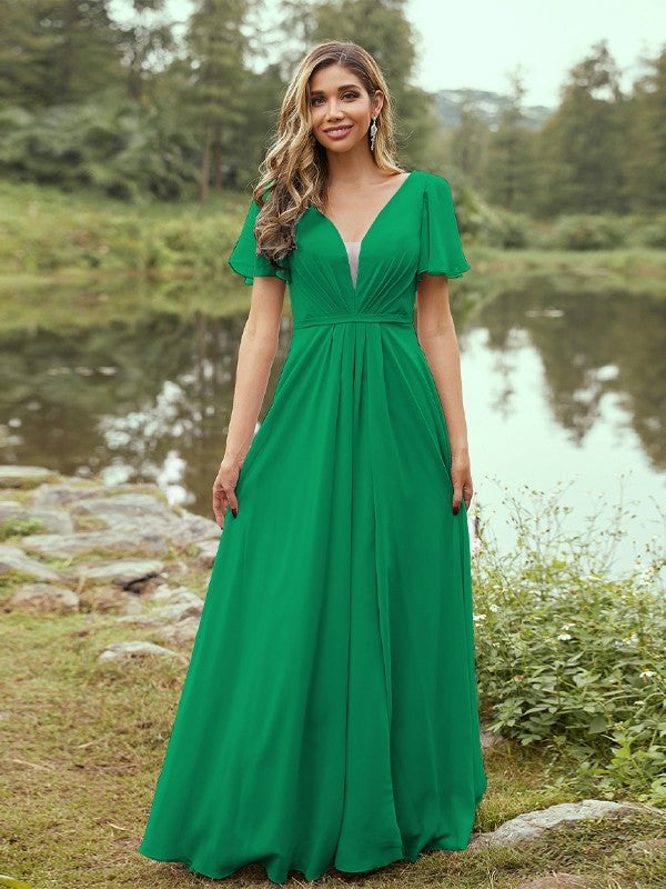 A-Line/Princess Chiffon Ruffles V-neck Short Sleeves Floor-Length Bridesmaid Dresses Evening Prom Dress