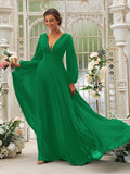 Vestido de dama de honor de corte A/princesa, de gasa, con volantes, escote en V, mangas largas y cola larga, vestido para madre de la novia