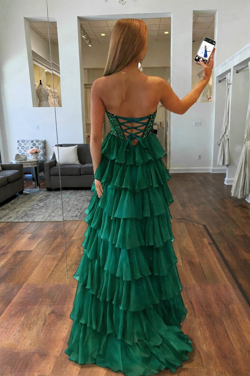 Orange A Line Strapless Chiffon Beaded Corset Long Prom Dress With Slit