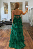 Orange A Line Strapless Chiffon Beaded Corset Long Prom Dress With Slit