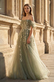 Gray Green Off The Shoulder Tulle Prom Dress With Appliques