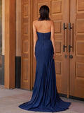 Mermaid Strapless Satin Long Prom Dresses With Split
