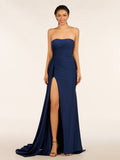 Mermaid Strapless Satin Long Prom Dresses With Split