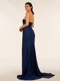 Mermaid Strapless Satin Long Prom Dresses With Split