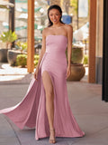 Mermaid Strapless Satin Long Prom Dresses With Split