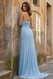 Mermaid Strapless Satin Long Prom Dresses With Split