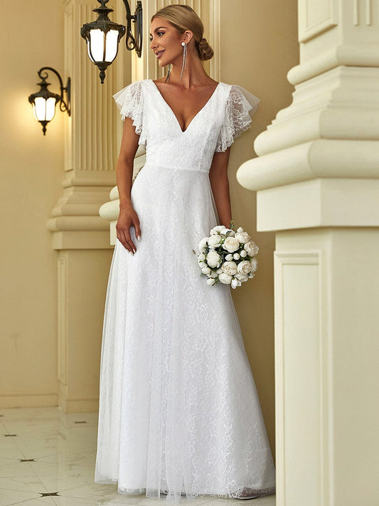 Elegantes Maxi-Brautkleid aus Spitze mit Rüschenärmeln