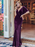 Elegantes Partykleid aus Samt mit doppeltem V-Ausschnitt und Ärmeln, Kleider für die Brautmutter, formelle Abendkleider