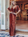 Elegantes Partykleid aus Samt mit doppeltem V-Ausschnitt und Ärmeln, Kleider für die Brautmutter, formelle Abendkleider