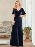Elegantes Partykleid aus Samt mit doppeltem V-Ausschnitt und Ärmeln, Kleider für die Brautmutter, formelle Abendkleider