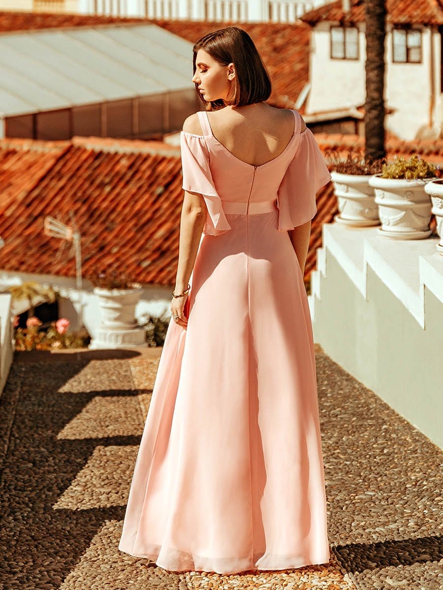 Elegant Cold Shoulder Flutter Sleeves Flowy Bridesmaid Dress Women's Formal Evening Dresses
