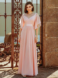 Elegant Cold Shoulder Flutter Sleeves Flowy Bridesmaid Dress Women's Formal Evening Dresses