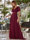 Langes Chiffon-Brautjungfernkleid mit Empire-Taille und kurzen Flügelärmeln, formelle Abendkleider