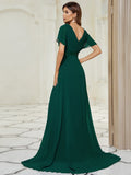 Langes Chiffon-Brautjungfernkleid mit Empire-Taille und kurzen Flügelärmeln, formelle Abendkleider