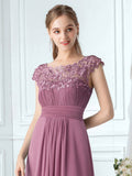 Elegante vestido largo de gasa con mangas cortas y encaje para dama de honor, vestidos formales de noche