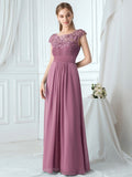 Elegante vestido largo de gasa con mangas cortas y encaje para dama de honor, vestidos formales de noche