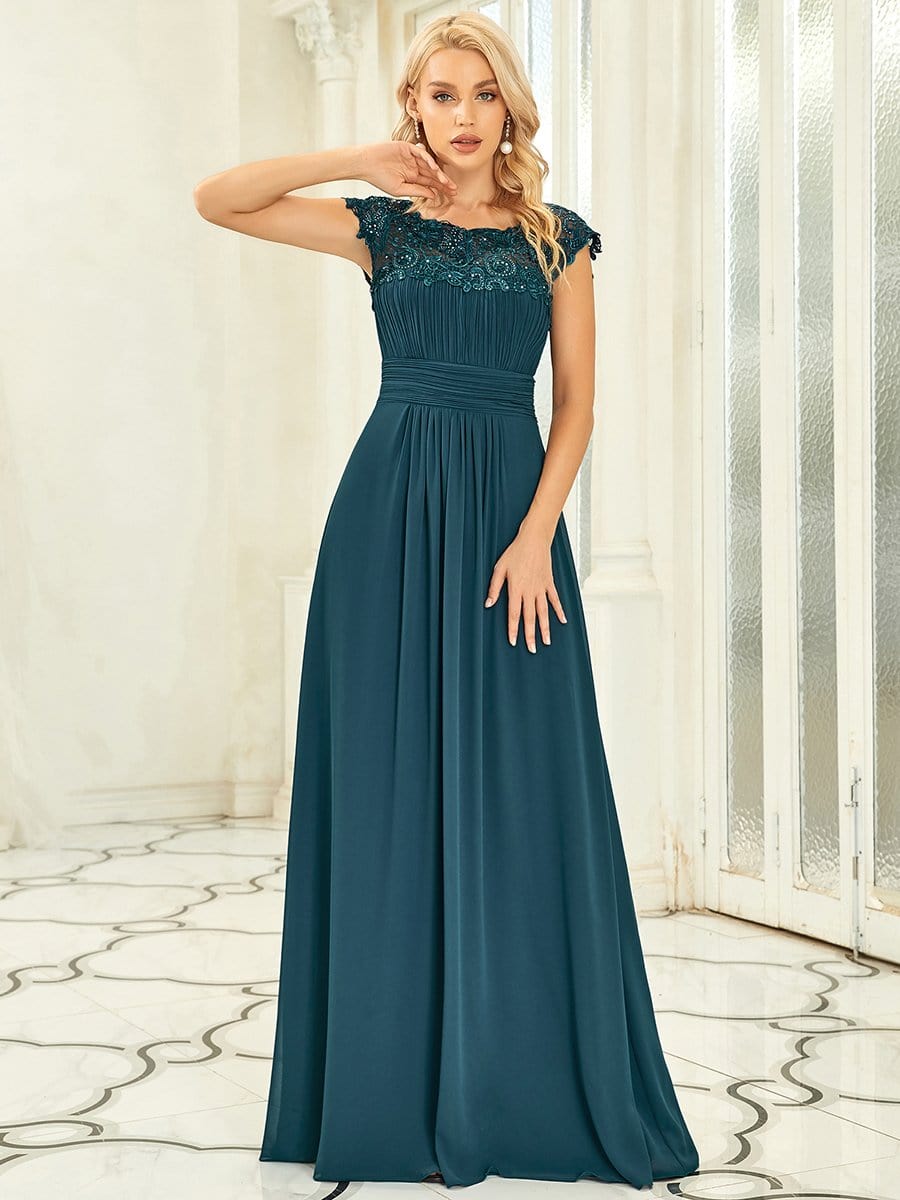 Klassisches Maxikleid mit langen Spitzenärmeln und Flügelärmeln für Brautjungfern, formelle Abend- und Partykleider für Damen