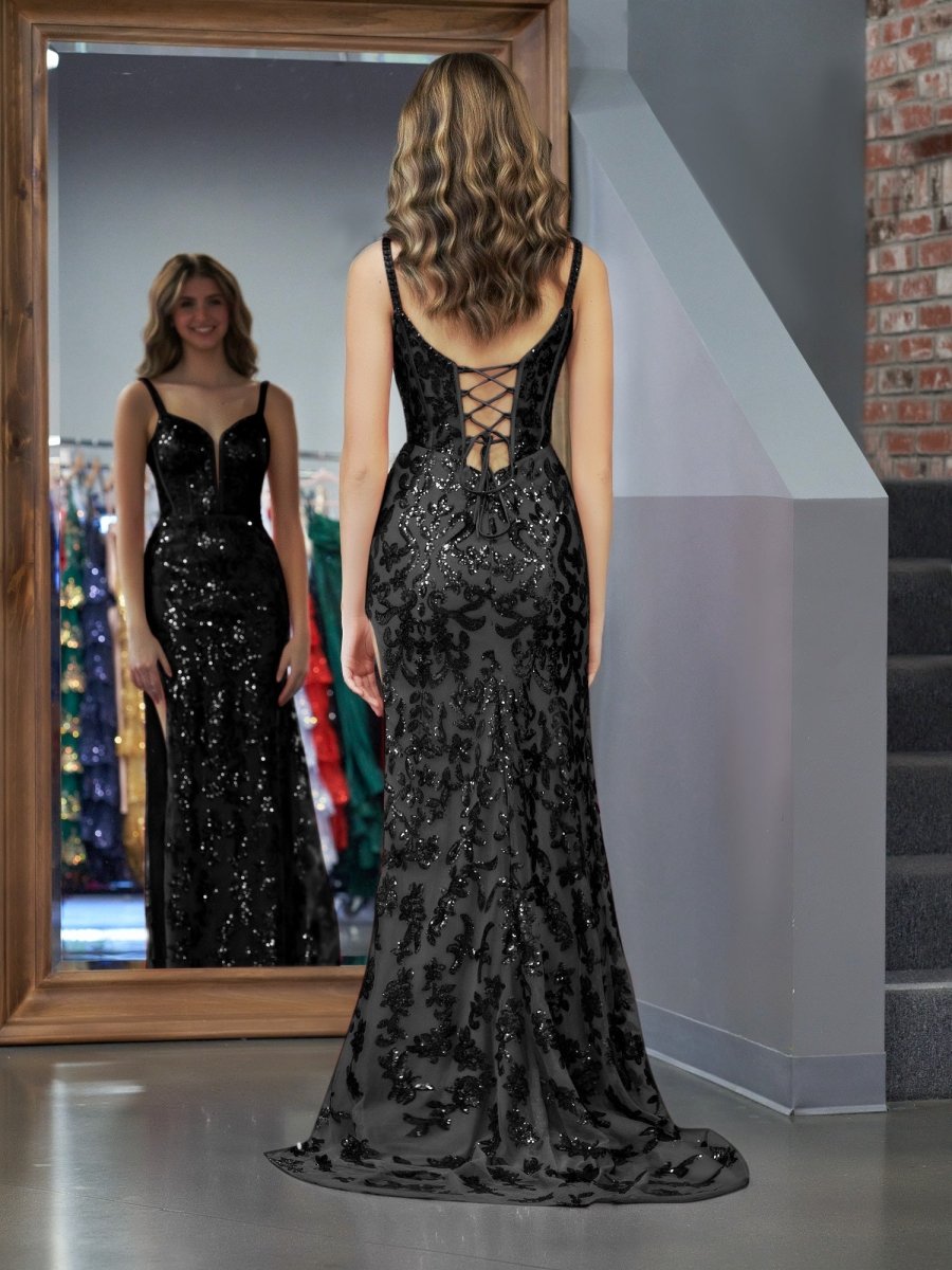 Sparkly Black Mermaid Sequins Long Prom Dress with Slit