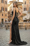 Sparkly Black Mermaid Sequins Long Prom Dress with Slit