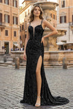Sparkly Black Mermaid Sequins Long Prom Dress with Slit
