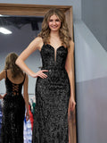 Sparkly Black Mermaid Sequins Long Prom Dress with Slit