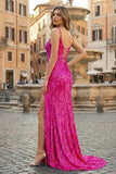 Sparkly Fuchsia Mermaid Sequins Long Prom Dress with Slit