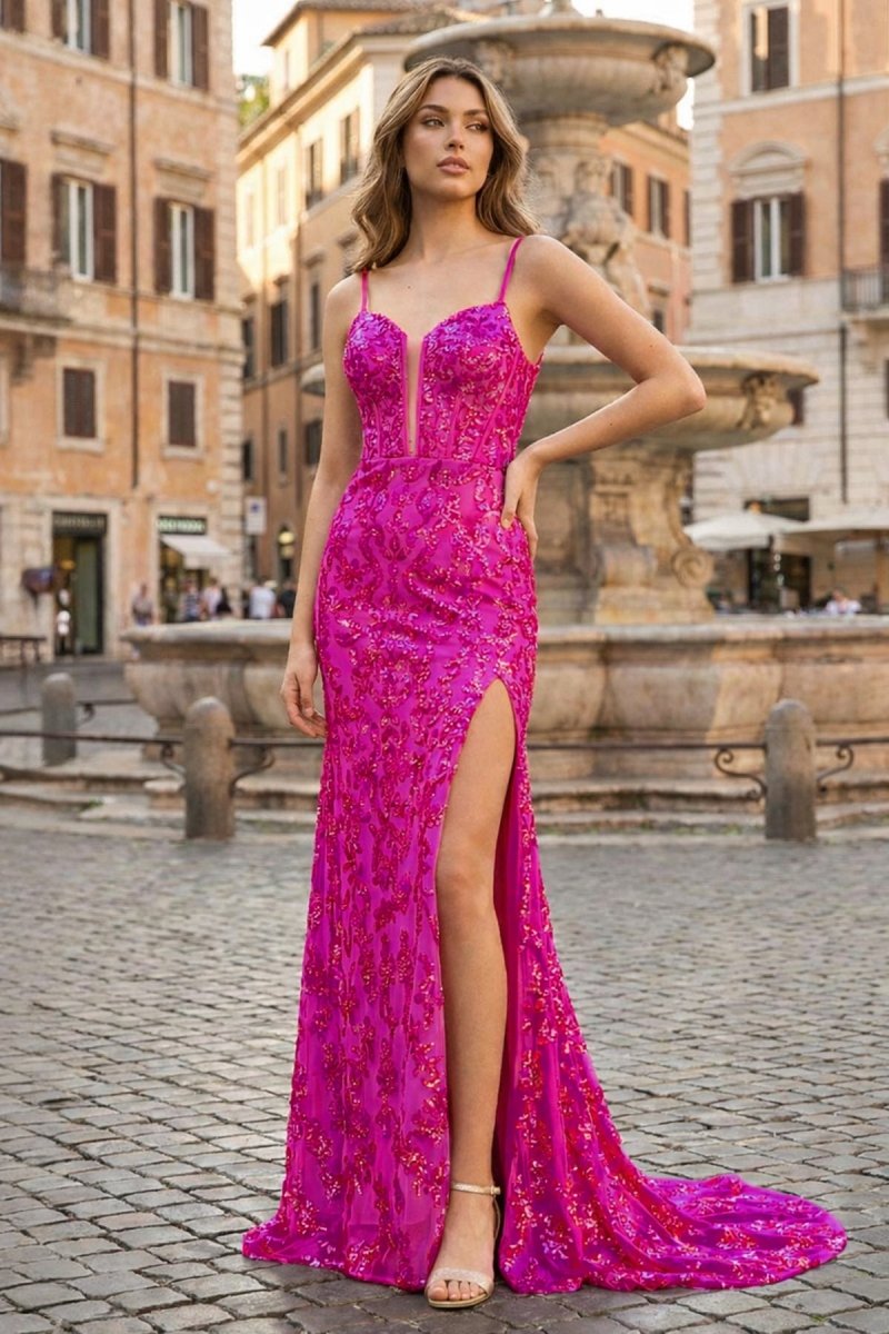Sparkly Fuchsia Mermaid Sequins Long Prom Dress with Slit