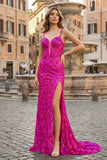 Sparkly Fuchsia Mermaid Sequins Long Prom Dress with Slit