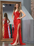 Sparkly Red Mermaid Sequins Long Prom Dress with Slit