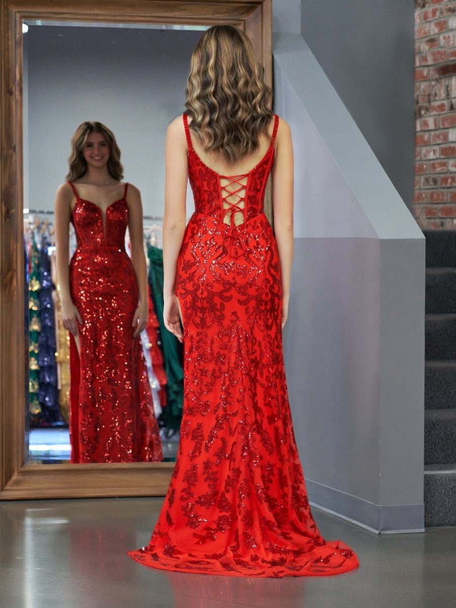 Sparkly Red Mermaid Sequins Long Prom Dress with Slit