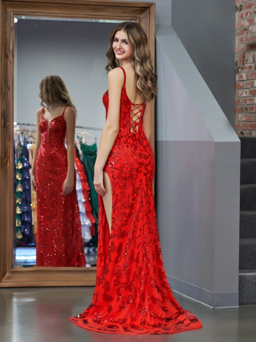 Sparkly Red Mermaid Sequins Long Prom Dress with Slit