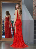 Sparkly Red Mermaid Sequins Long Prom Dress with Slit