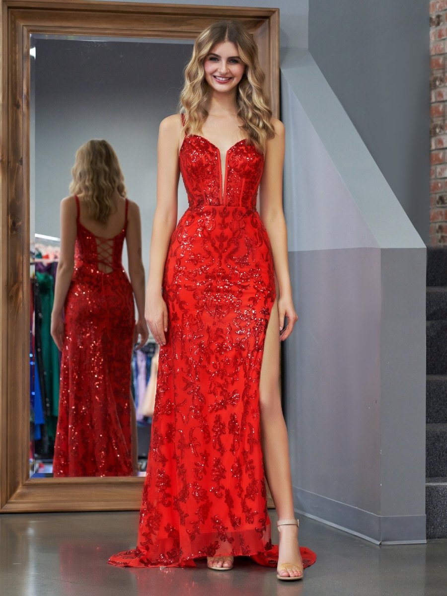 Sparkly Red Mermaid Sequins Long Prom Dress with Slit