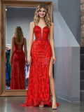 Sparkly Red Mermaid Sequins Long Prom Dress with Slit