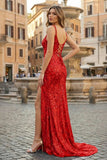 Sparkly Red Mermaid Sequins Long Prom Dress with Slit