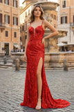Sparkly Red Mermaid Sequins Long Prom Dress with Slit