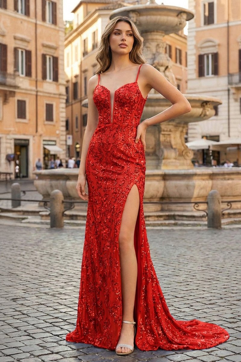 Sparkly Red Mermaid Sequins Long Prom Dress with Slit