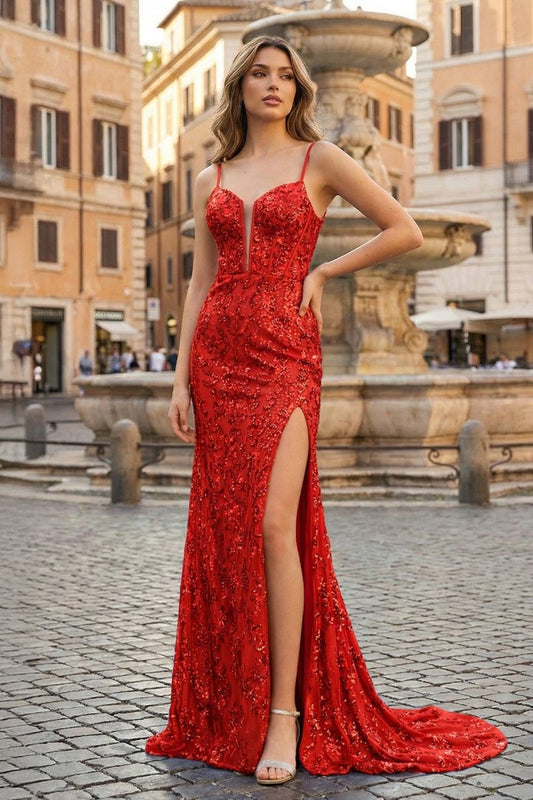 Sparkly Red Mermaid Sequins Long Prom Dress with Slit