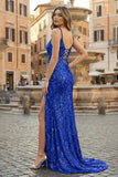 Sparkly Royal Blue Sheath Sequins Long Prom Dress with Slit