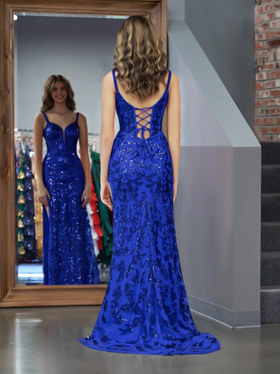 Sparkly Royal Blue Sheath Sequins Long Prom Dress with Slit