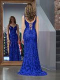 Sparkly Royal Blue Sheath Sequins Long Prom Dress with Slit