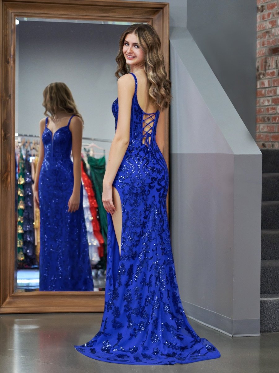 Sparkly Royal Blue Sheath Sequins Long Prom Dress with Slit