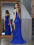 Sparkly Royal Blue Sheath Sequins Long Prom Dress with Slit